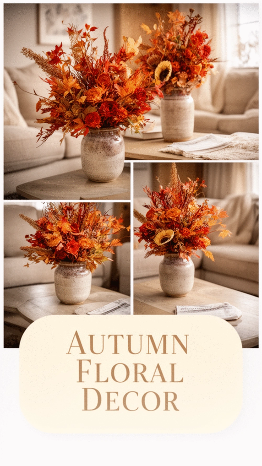 Living Room Dried Autumn Floral Arrangement in a Stoneware Vase for Seasonal Decor