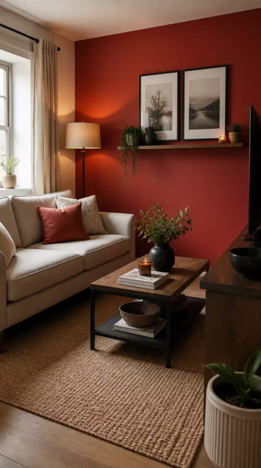Living Room Warm Red Paint on a Single Small Wall That Makes a Tiny Space Feel Richly Dramatic