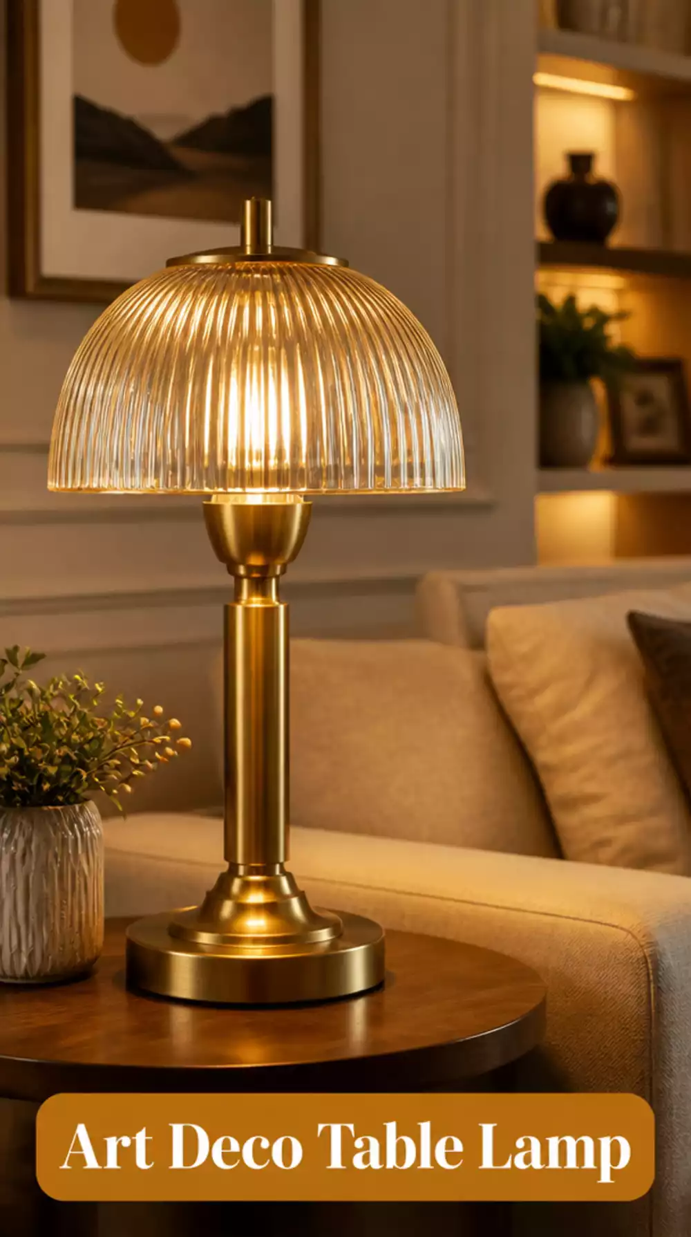 Living Room Art Deco Table Lamp in Brushed Gold With a Ribbed Glass Shade for a Small Space Glow