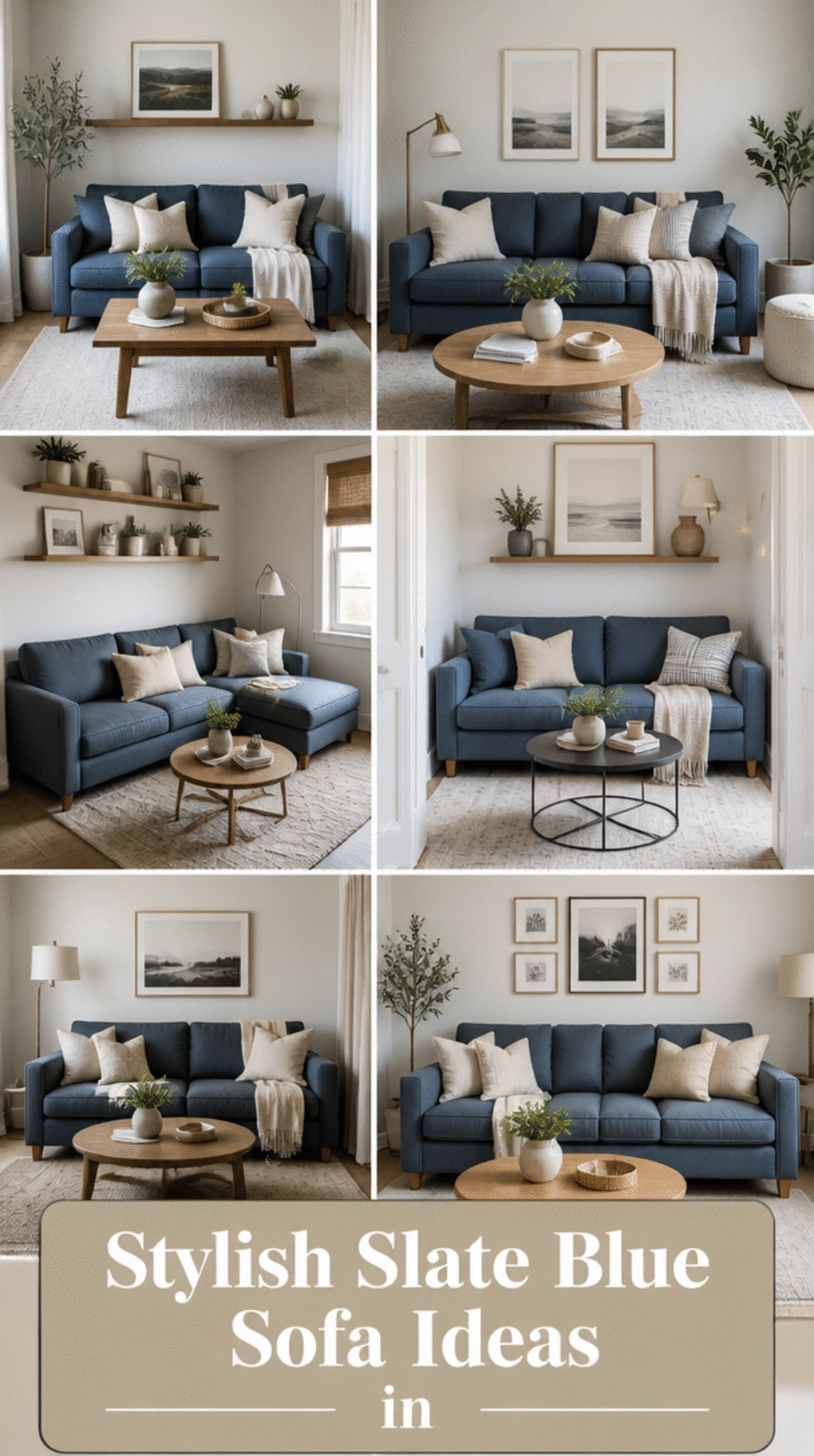 Living Room Slate Blue Sofa in a Small Space That Works With Both Warm and Cool Neutrals