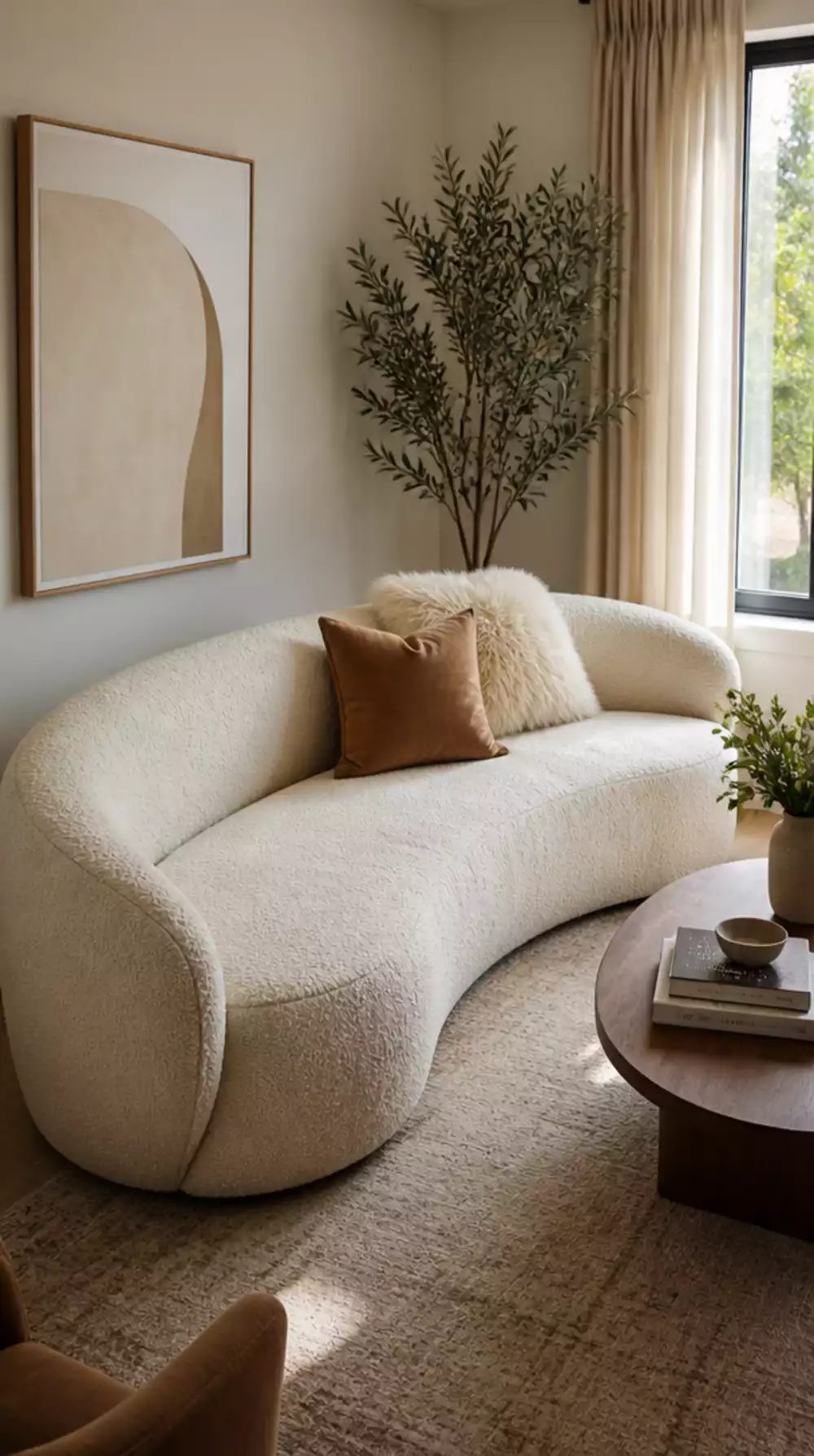 Small Living Room Curved Sofa in Warm Ivory Boucle That Softens a Tiny Modern Space