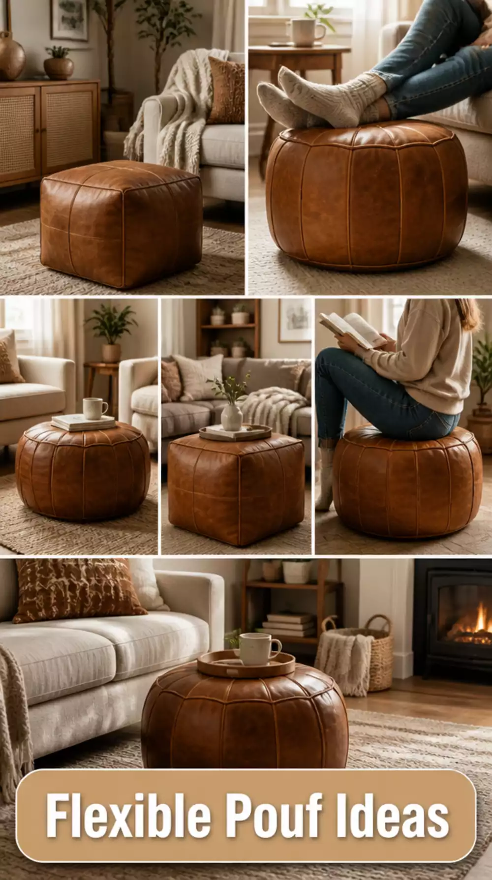 Living Room Warm Brown Leather Pouf in a Small Space That Acts as a Flexible Tiny Footrest