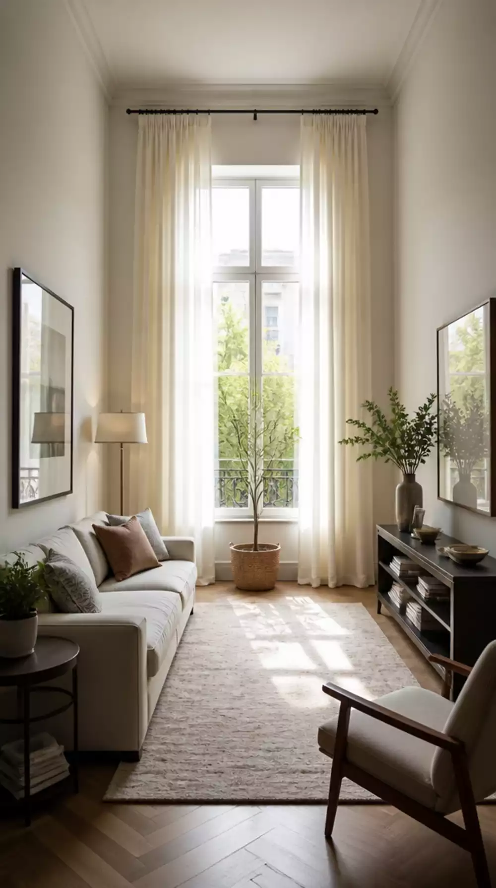 Small Living Room Curtain Rod Hung High That Lifts the Ceiling in a Narrow Room