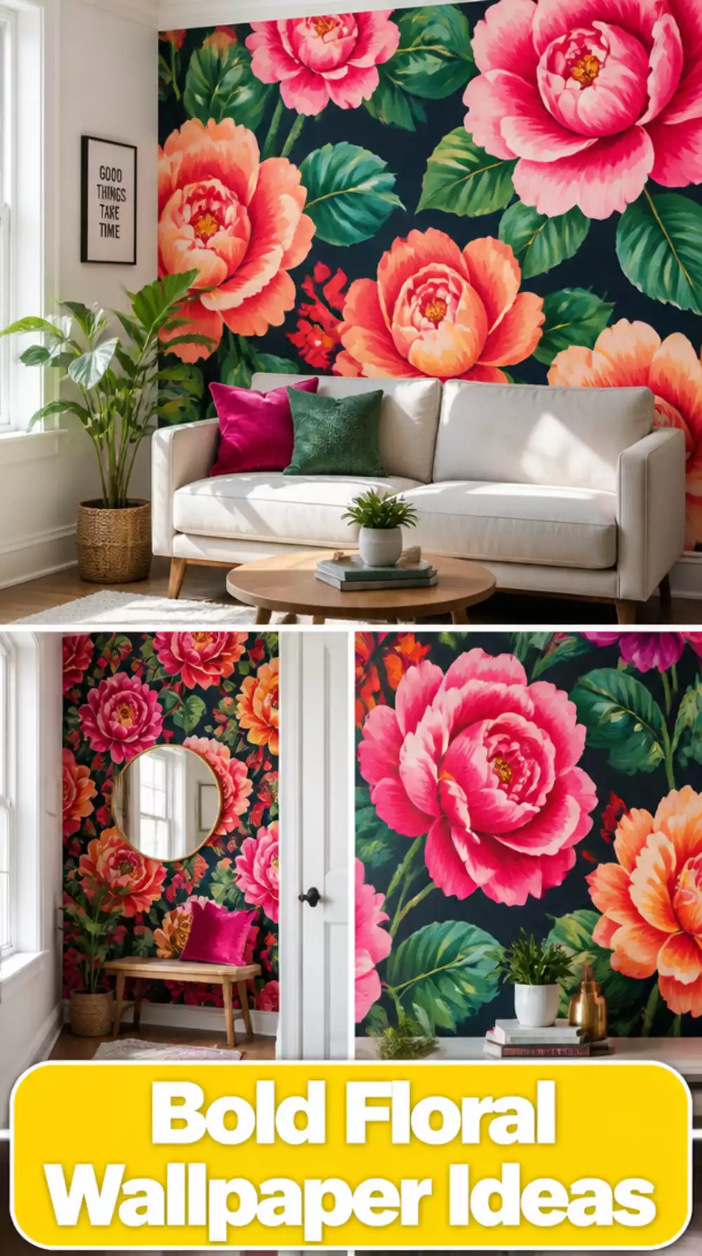 Small Living Room Bold Floral Peel-and-Stick Wallpaper That Transforms a Tiny Rental Wall Fast