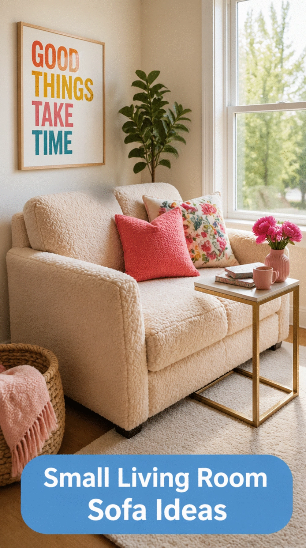 Small Living Room Sofa Placed Perpendicular to the Window That Opens the View in a Tiny Space