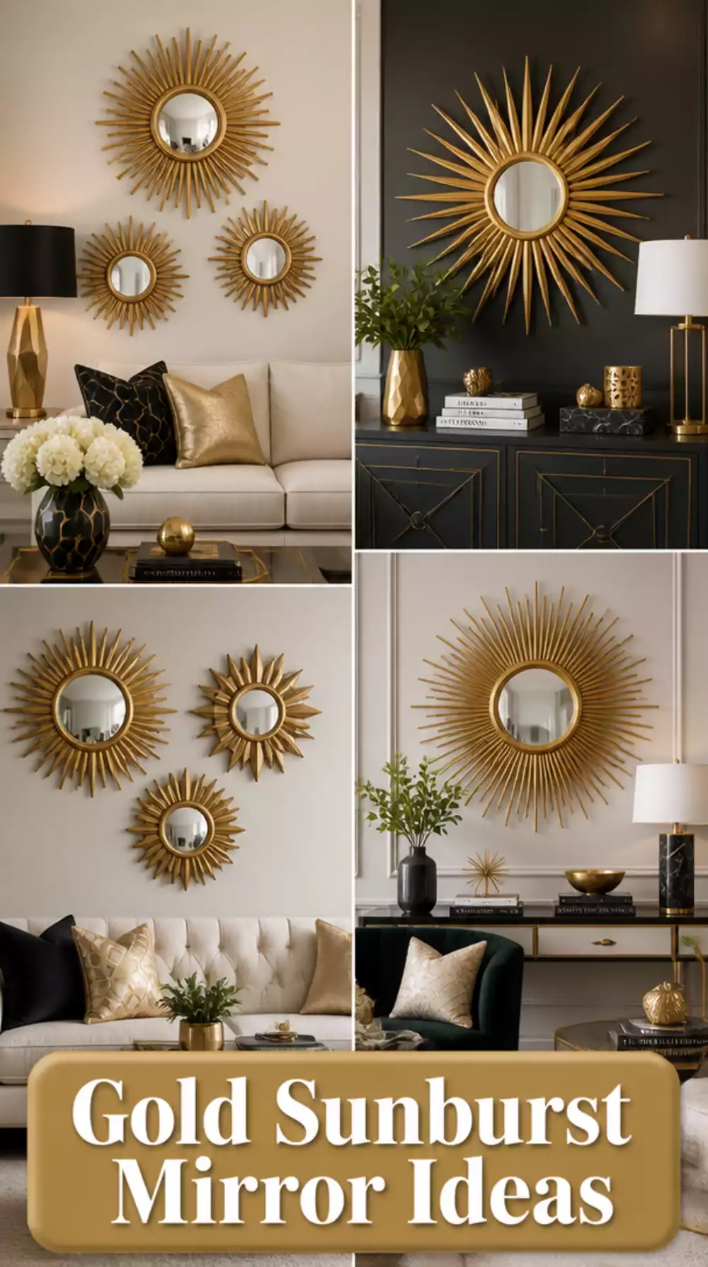 Living Room Gold Sunburst Mirror on a Small Art Deco Wall That Becomes the Instant Focal Point