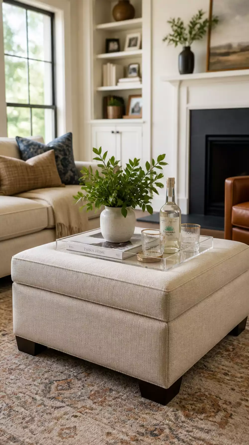 Living Room Tray-Top Ottoman in a Small Space That Creates a Stable Surface for Drinks and Books