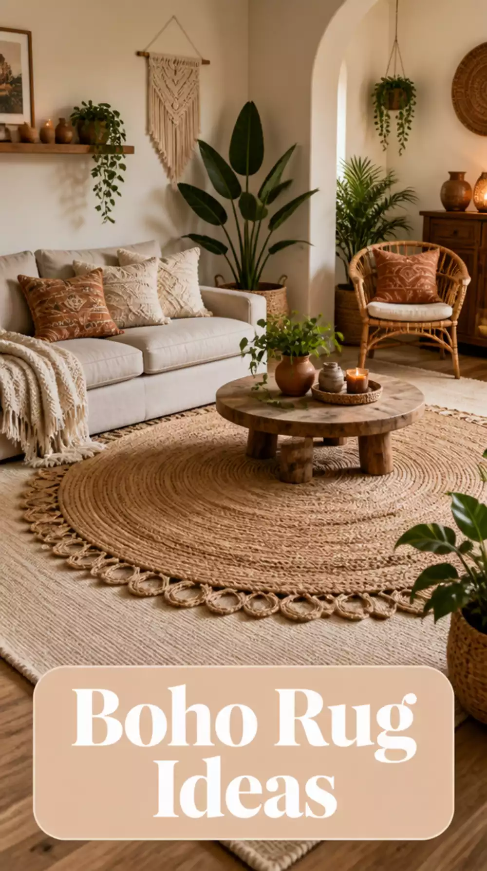 Small Living Room Jute Area Rug in a Natural Woven Weave for a Boho Compact Space
