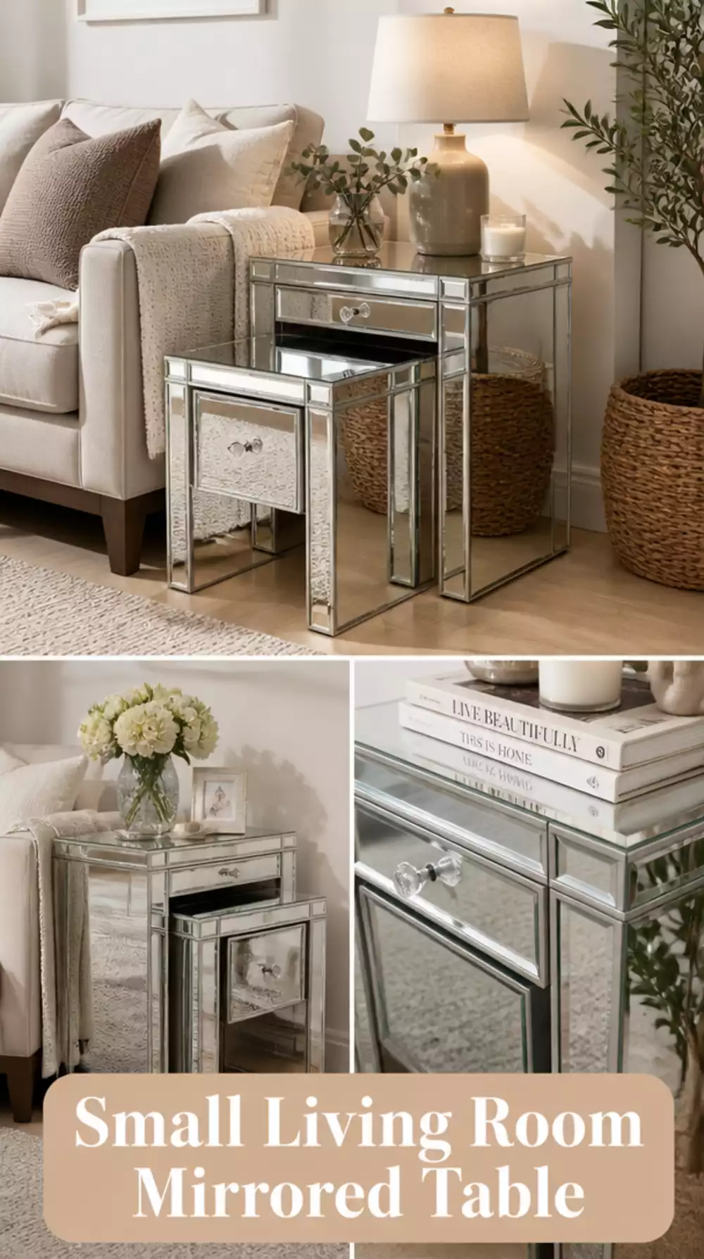 Small Living Room Mirrored Side Table That Reflects the Room and Saves a Tiny Corner Visually